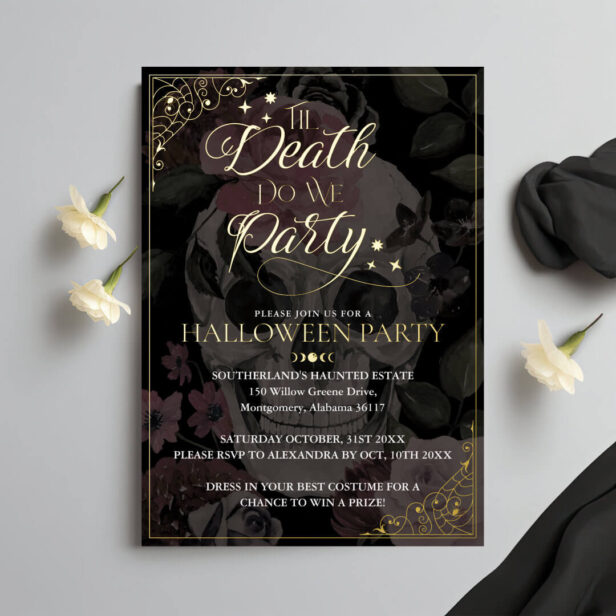 Til Death Do We Party Gothic Skull Halloween Foil Invitation