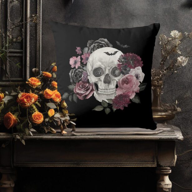 Watercolor Floral Skeleton Goth Halloween Monogram Black Throw Pillow