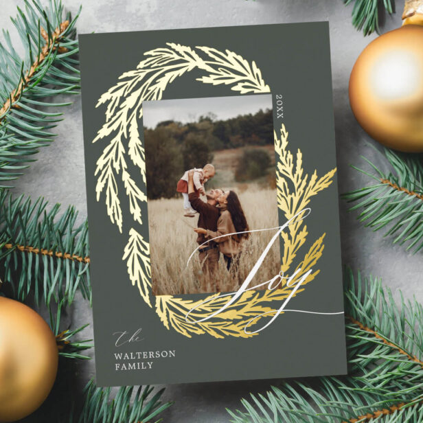 Winter Garland Wreath Joy Script Photo & Monogram Foil Holiday Card