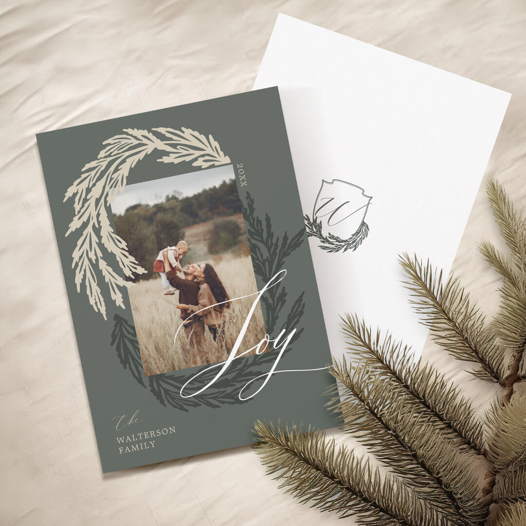 Winter Garland Wreath Joy Script Photo & Monogram Green Holiday Card