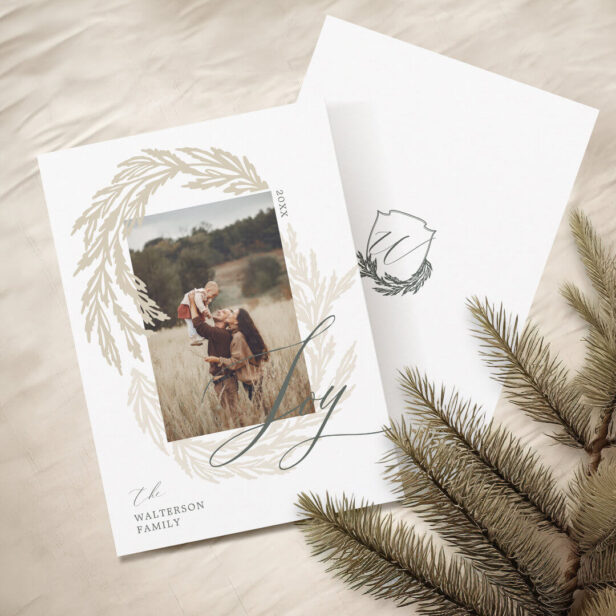 Winter Garland Wreath Joy Script Photo & Monogram Holiday Card