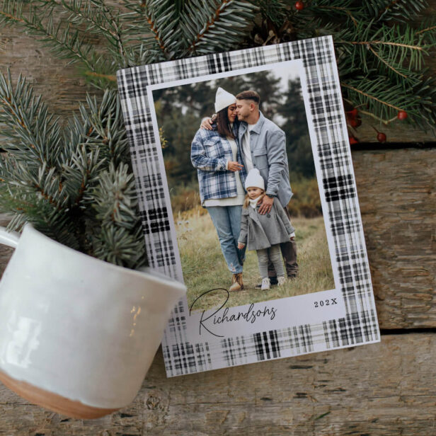 Cozy Black and White Plaid Flannel Family Photo Holiday Card