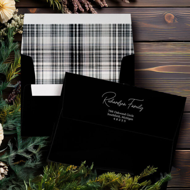 Cozy Black and White Plaid Flannel Pattern Address Envelope