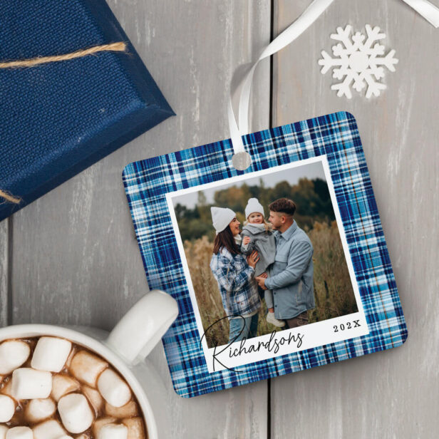 Cozy blue and White Plaid fabric Family Photo Metal Ornament