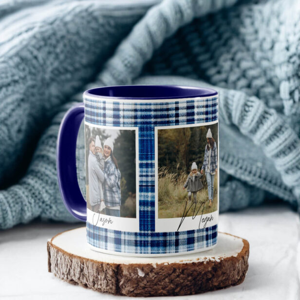 Cozy Blue and White Plaid fabric Family Photos Mug