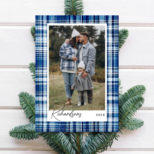 Cozy Blue and White Plaid Flannel Family Photo Holiday Card