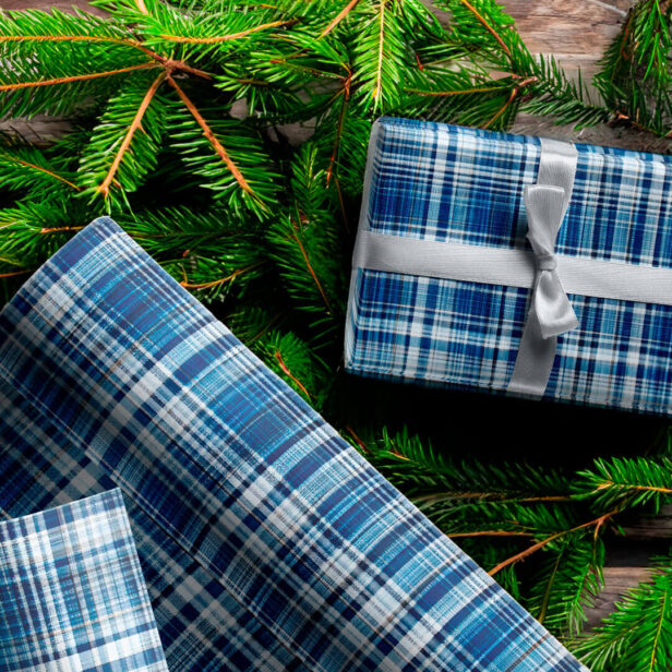 Cozy Blue and White Plaid Flannel Pattern Wrapping Paper