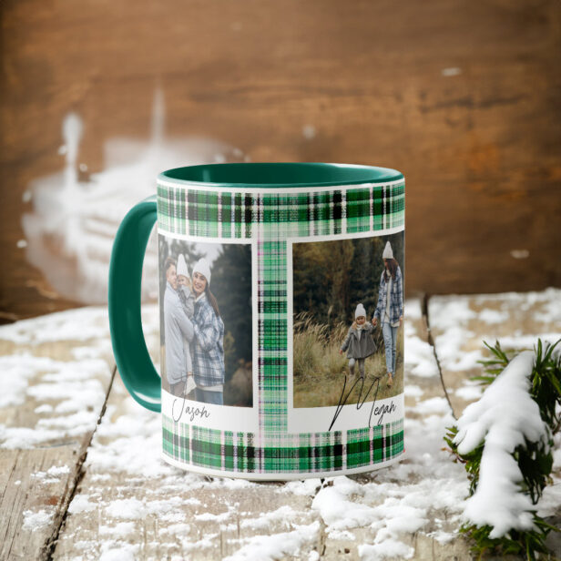 Cozy Green and White Plaid fabric Family Photos Mug