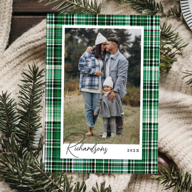 Cozy Green and White Plaid Flannel Family Photo Holiday Card