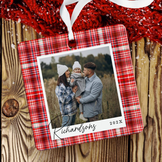 Cozy Red and White Plaid fabric Family Photo Metal Ornament