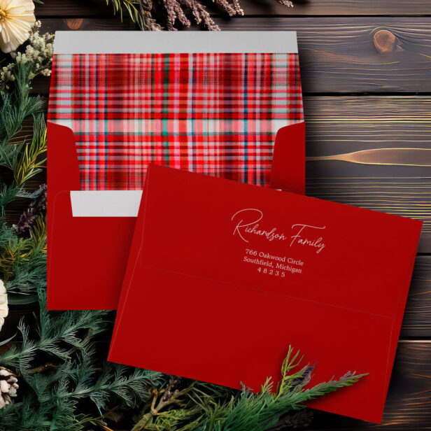 Cozy Red and White Plaid Flannel Pattern Address Envelope