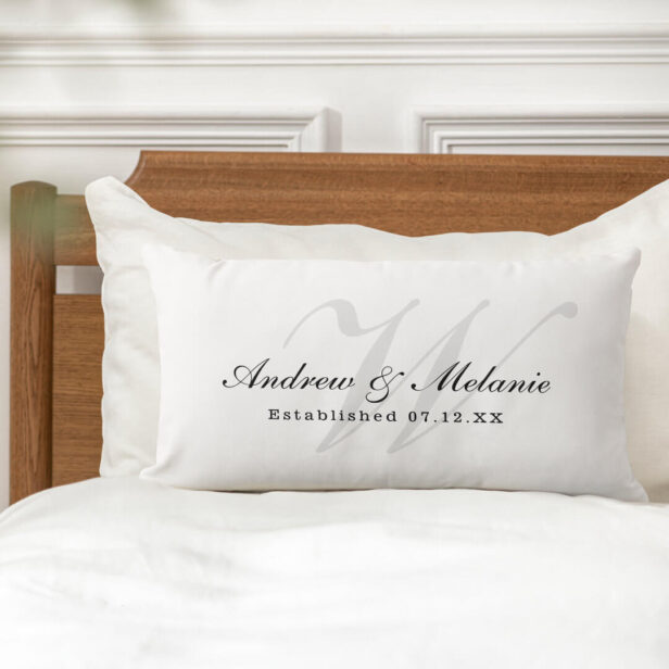 Custom Elegant Name & Wedding Date Monogram Lumbar Pillow