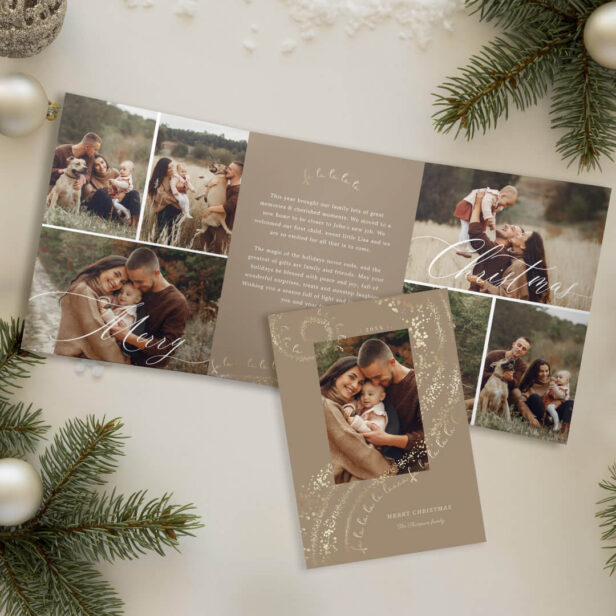 Fa La La Magical Christmas Carol Photo Gallery Tri-Fold Beige Holiday Card