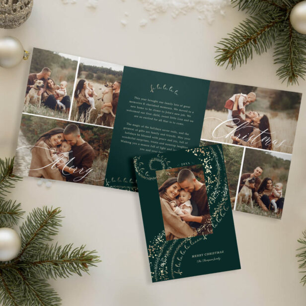 Fa La La Magical Christmas Carol Photo Gallery Tri-Fold Green Holiday Card