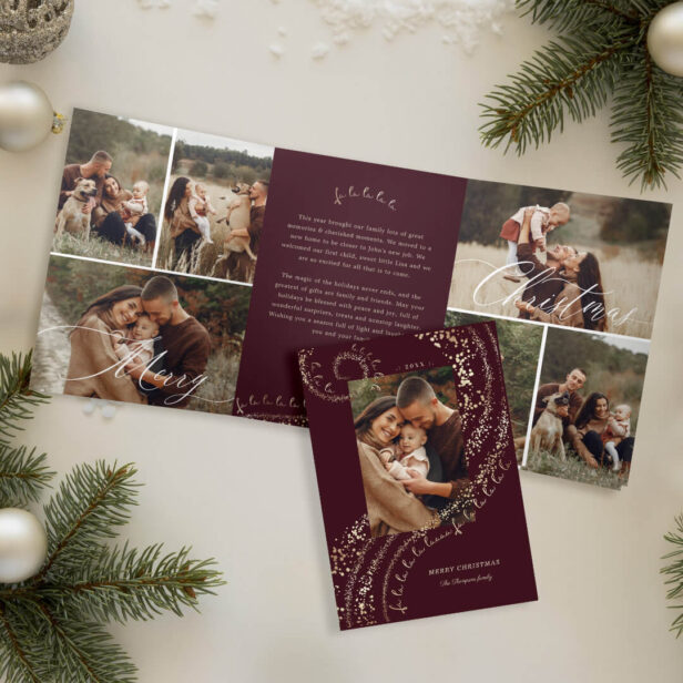 Fa La La Magical Christmas Carol Photo Gallery Tri-Fold Burgundy Holiday Card