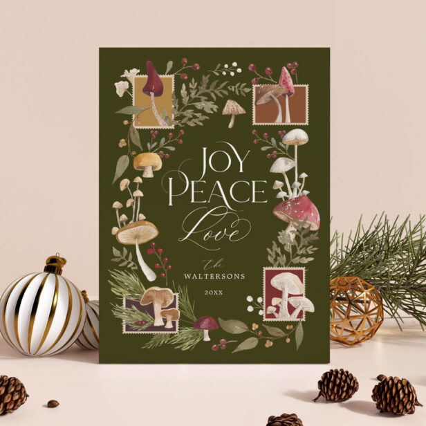 Joy Peace Love Watercolor Woodsy Mushrooms Photo Green Holiday Card