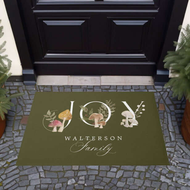 Joy Rustic Woodsy Watercolor Mushroom Christmas Green Doormat