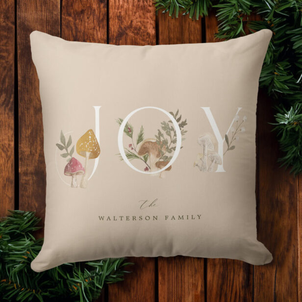 Joy Rustic Woodsy Watercolor Mushroom Christmas Tan Throw Pillow