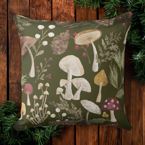 Joy Rustic Woodsy Watercolor Mushroom Christmas Throw Pillow