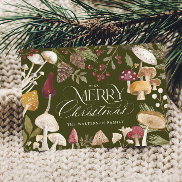 Merry Christmas Watercolor Woodsy Mushrooms Photo Green Holiday Card