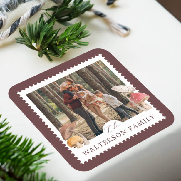 Rustic Watercolor Woodsy Mushrooms Photo Stamp Burgundy Square Sticker