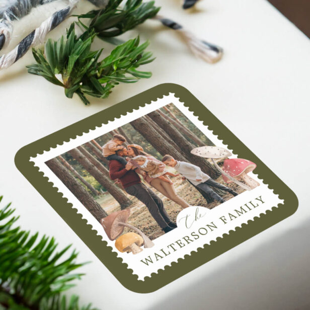 Rustic Watercolor Woodsy Mushrooms Photo Stamp Green Square Sticker