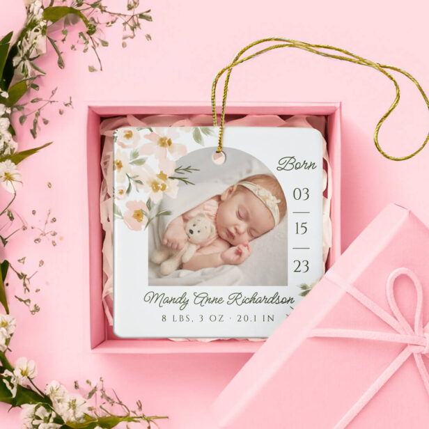 Watercolor Pink Florals Baby Birth Stats Photo Ceramic Ornament