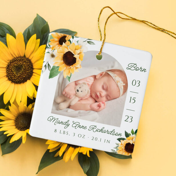Watercolor Sunflower Floral Baby Birth Stats Photo Ceramic Ornamen