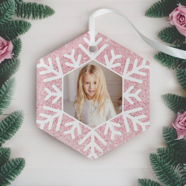 Elegant Minimal Pink Glitter Snowflake Photo Glass Ornament