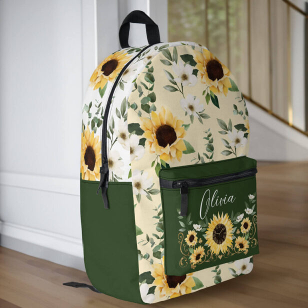 Chic Sunflower Floral Pattern Custom Script Name Printed Backpack