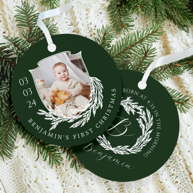 Elegant Garland Wreath Crest Baby First Christmas Metal Ornament