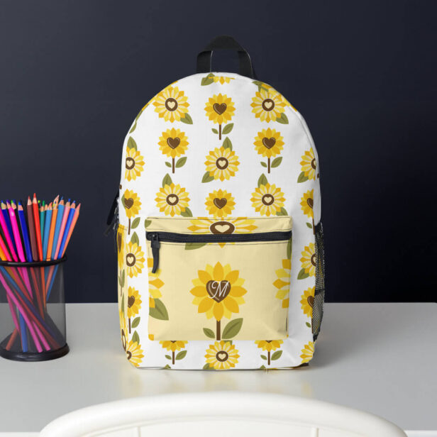 Fun Cute Sunflower Heart Pattern Monogram Printed Backpack
