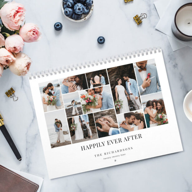 Happily Ever After Minimal Wedding Photo Collage Calendar