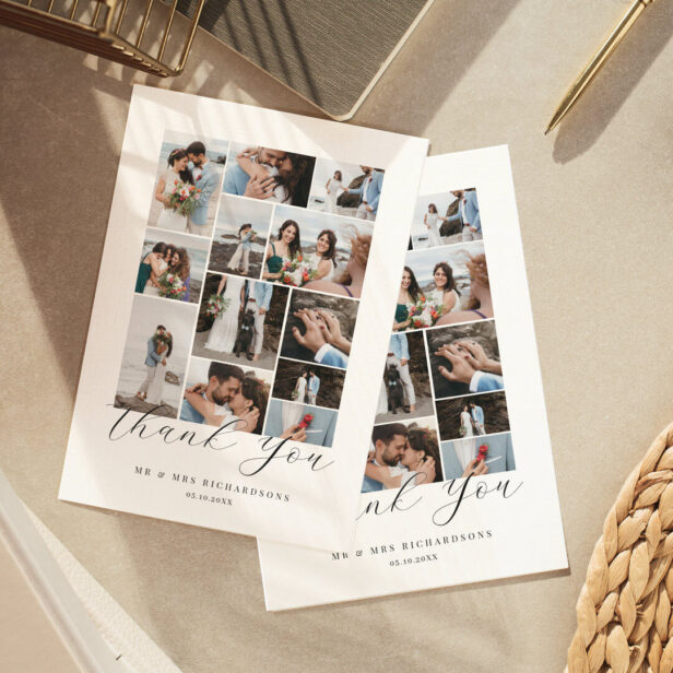 Happily Ever After Minimal Wedding Photo Collage Thank You Card