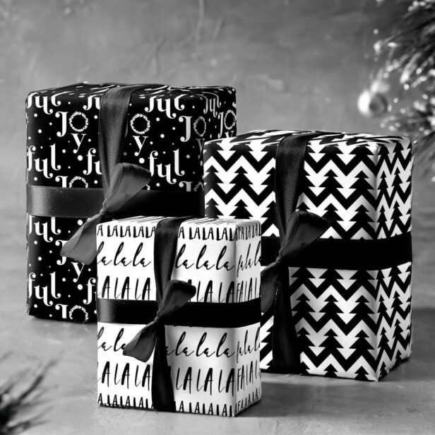 Modern Trendy FA LA LA Joyful Black and White Wrapping Paper Sheets