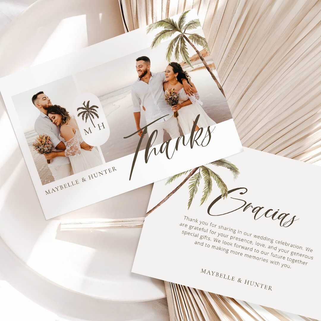 Modern Watercolor Palm Tree Monogram Wedding Photo Thank You Card