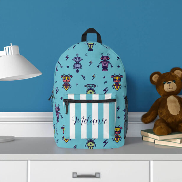 Retro Robotic Robots Colorful Blue Name Printed Backpack