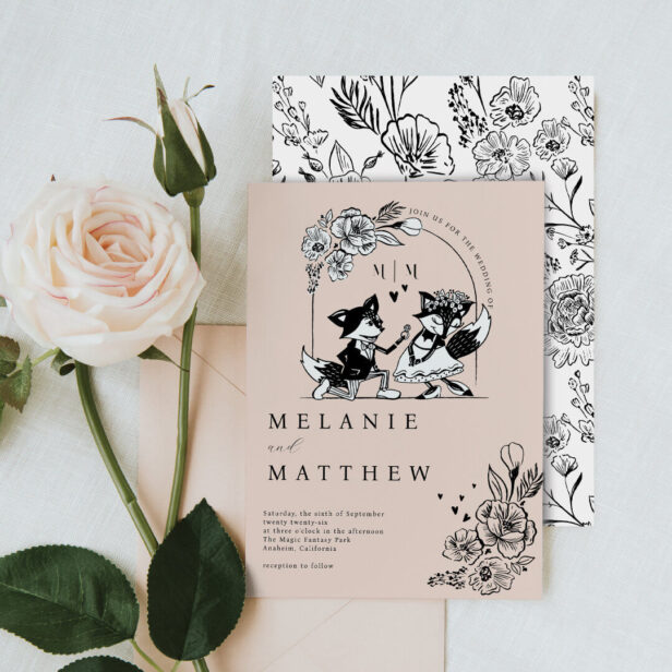 Elegant Woodland Fox Floral Sketch Fairytale Invitation
