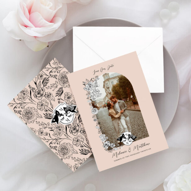 Elegant Woodland Fox Floral Sketch Fairytale Photo Save The Date