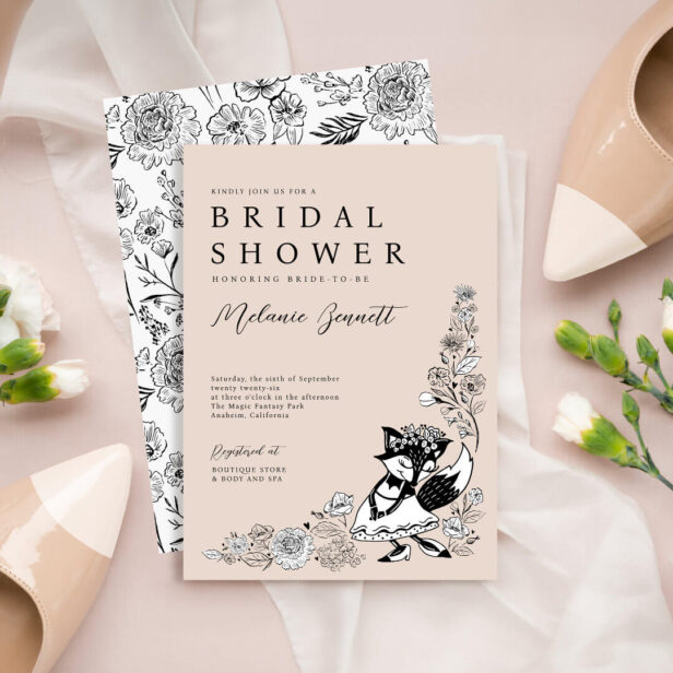 Foxy Woodland Fox Bride Elegant Sketched Florals Bridal Shower Invitation