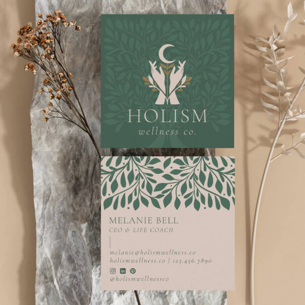 Holistic Health & Wellness Healing Hands Celestial Square Green Business Card
