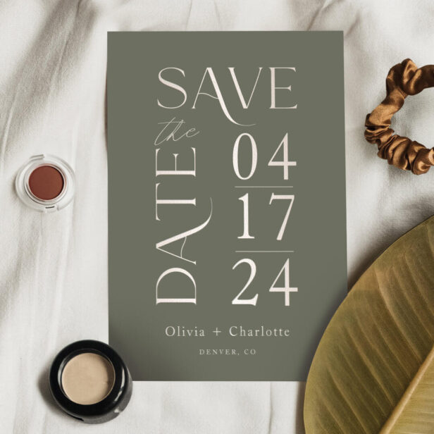 Modern Minimal Bold Green Save the Date Typographic