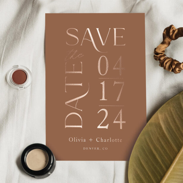 Modern Minimal Bold Brown Save the Date Typographic Foil Card