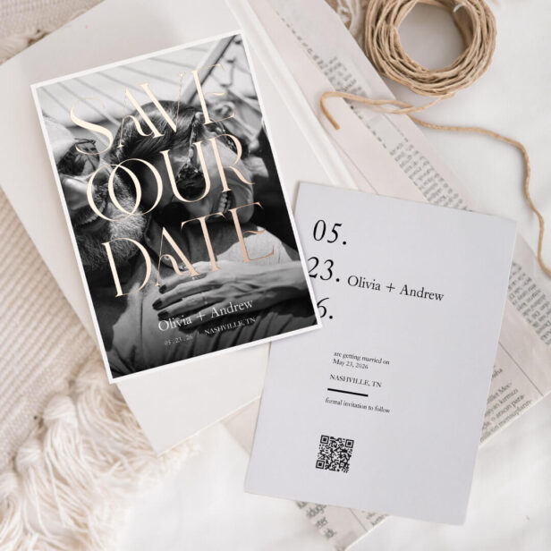 Modern Minimal Editorial Style Photo Save the Date Foil Invitation
