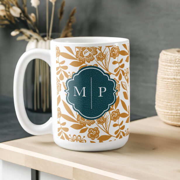 Monogram Country Style Bold Floral Pattern Yellow Coffee Mug