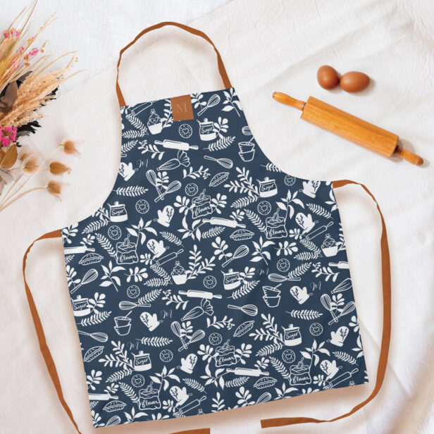 Monogram Country Style Floral Baking Pattern Blue Apron