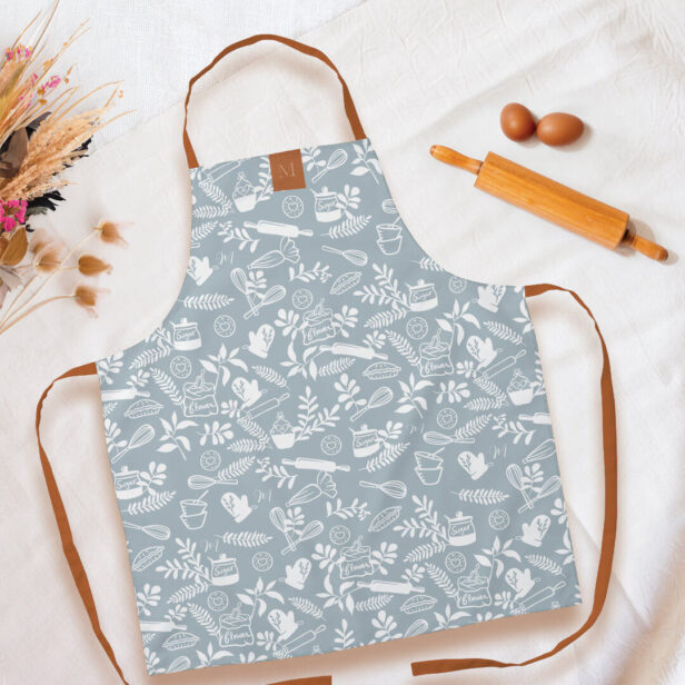 Monogram Country Style Floral Baking Pattern Blue Apron