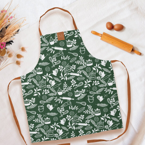 Monogram Country Style Floral Baking Pattern Green Apron