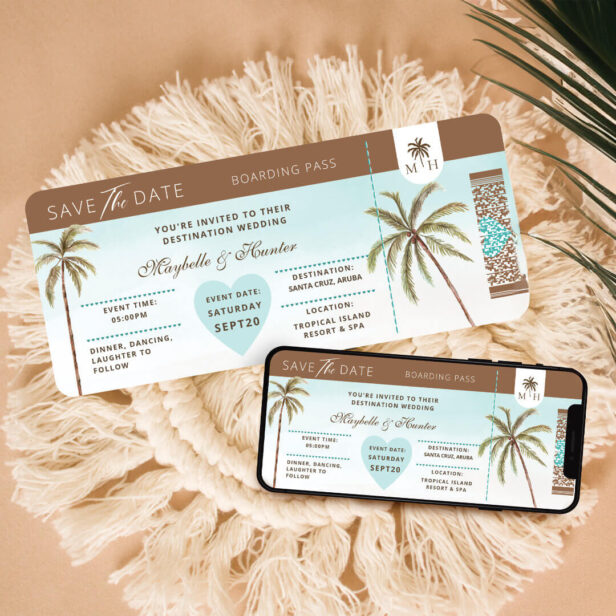 Tropical Palm Trees Save The Date Boarding Pass Invitation