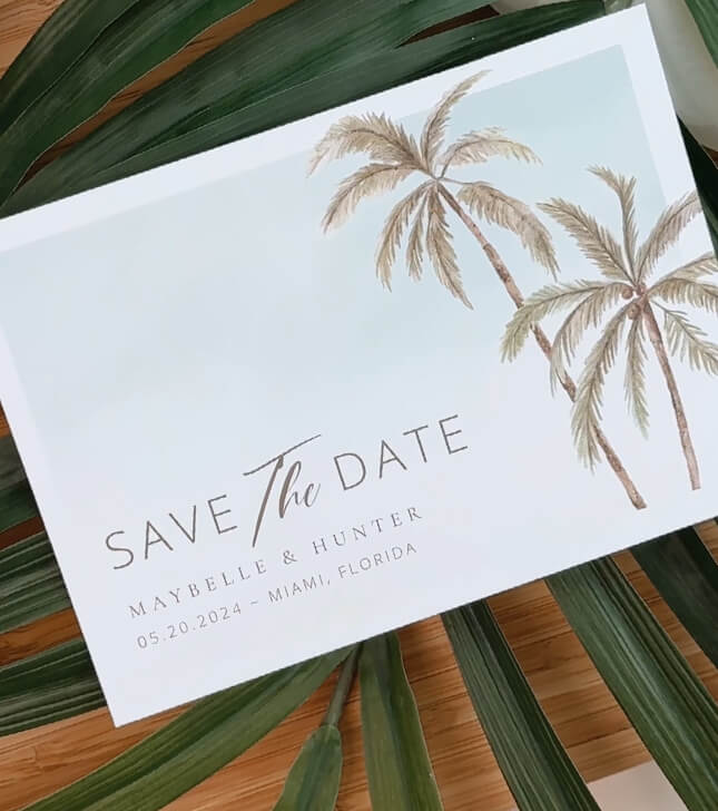 Watercolor Palm Tree Style With An Artistic Flair Save the Date Cards By Moodthology Papery